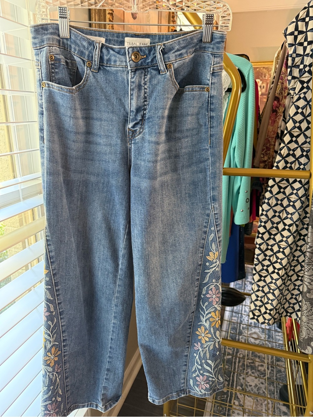 Tribal Blue Embroidered Ankle Cropped Jeans